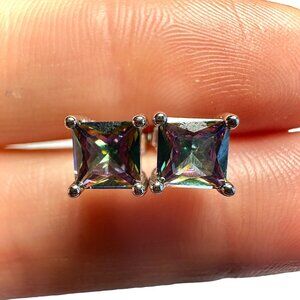 Rainbow CZ Stud Earrings 5mm Square 925 Sterling Silver Dainty